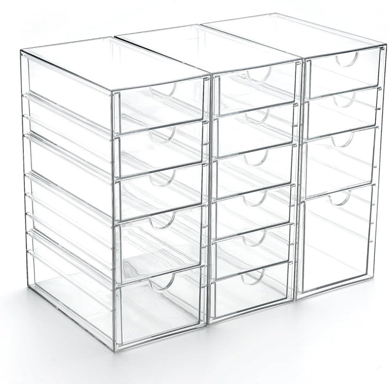Prsildan Acrylic Drawer Organizer with 15 Drawers, Makeup Craft Office Desk Organizers Accessories, Set of 3 Clear Stackable Storage Drawers for Vanity, Countertop, Jewelry, Art Supply Organization - Image 1
